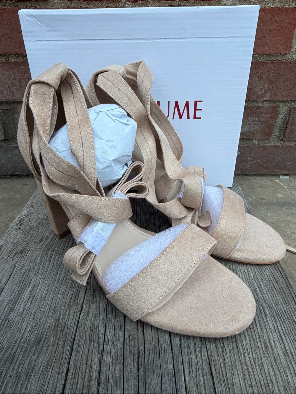 Lace-Up Block Heel Sandals in Beige